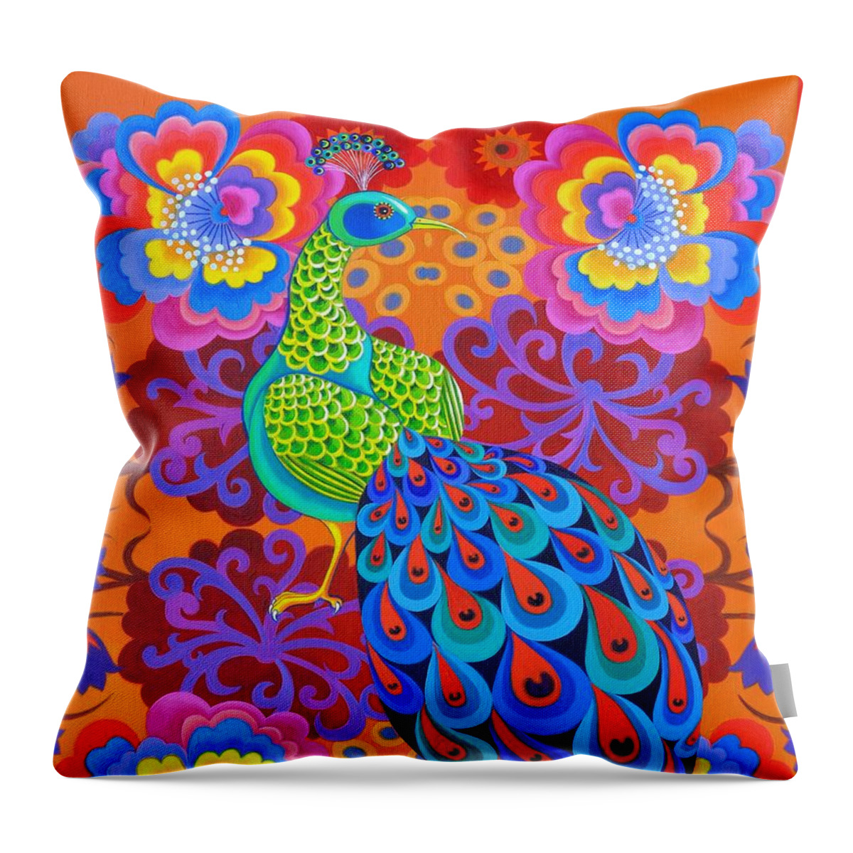 Peacock Throw Pillow featuring the painting Peacock with flowers by Jane Tattersfield