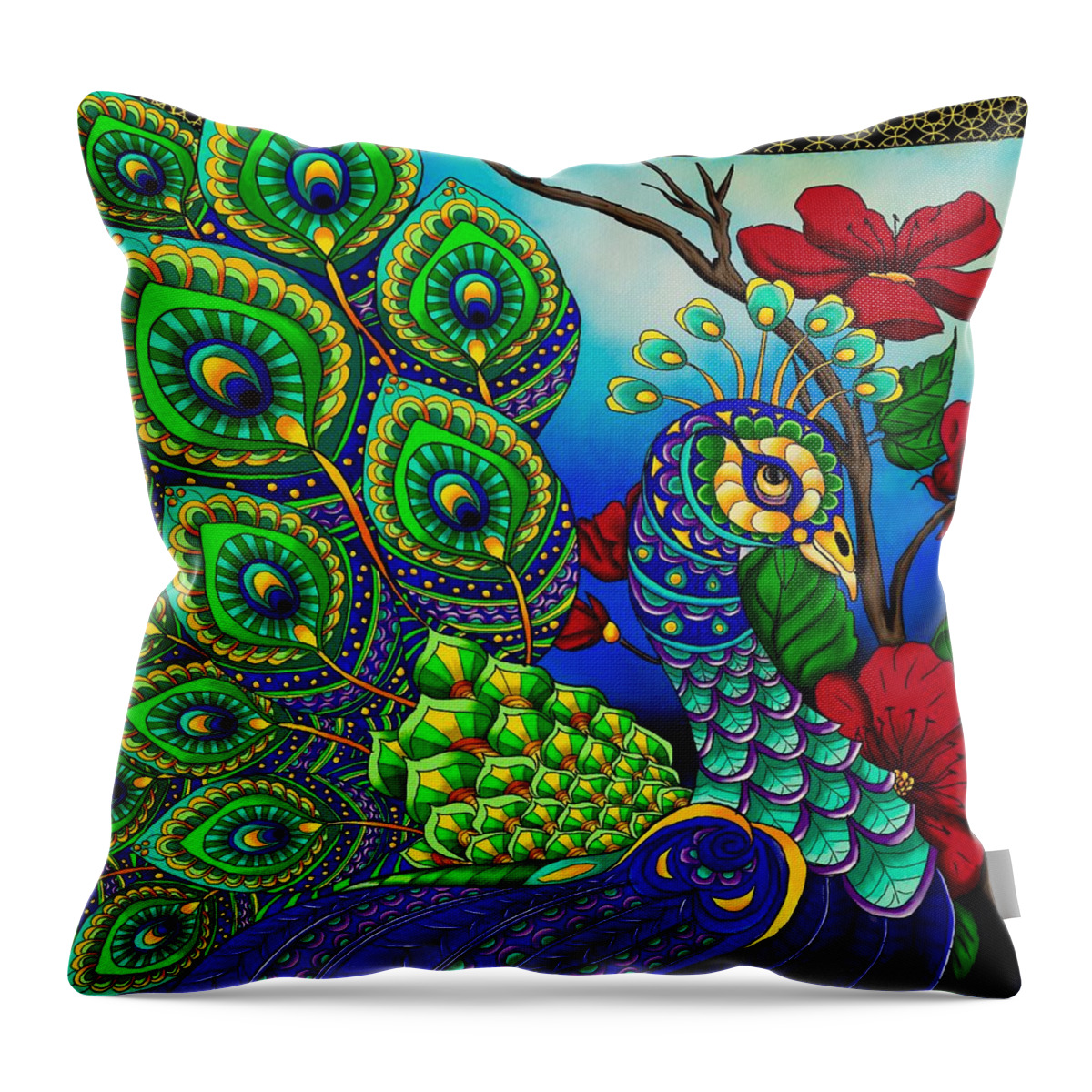 Peacock Throw Pillow featuring the painting Peacock Zentangle Inspired Art by Becky Herrera