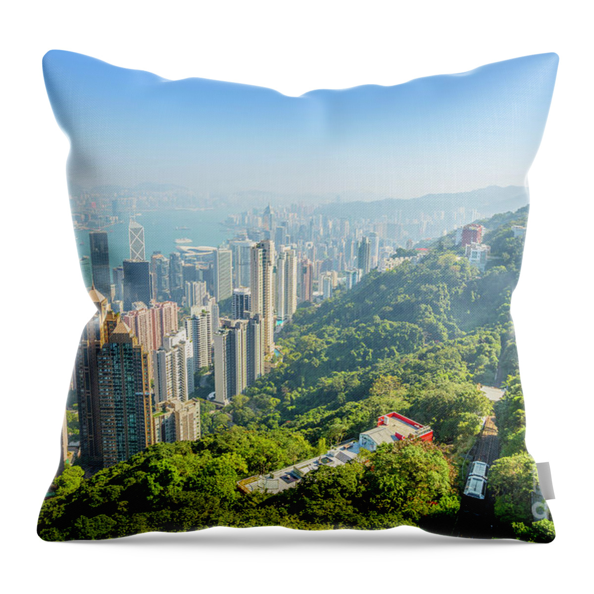 Hong Kong Throw Pillow featuring the photograph Peak Tram aerial view by Benny Marty
