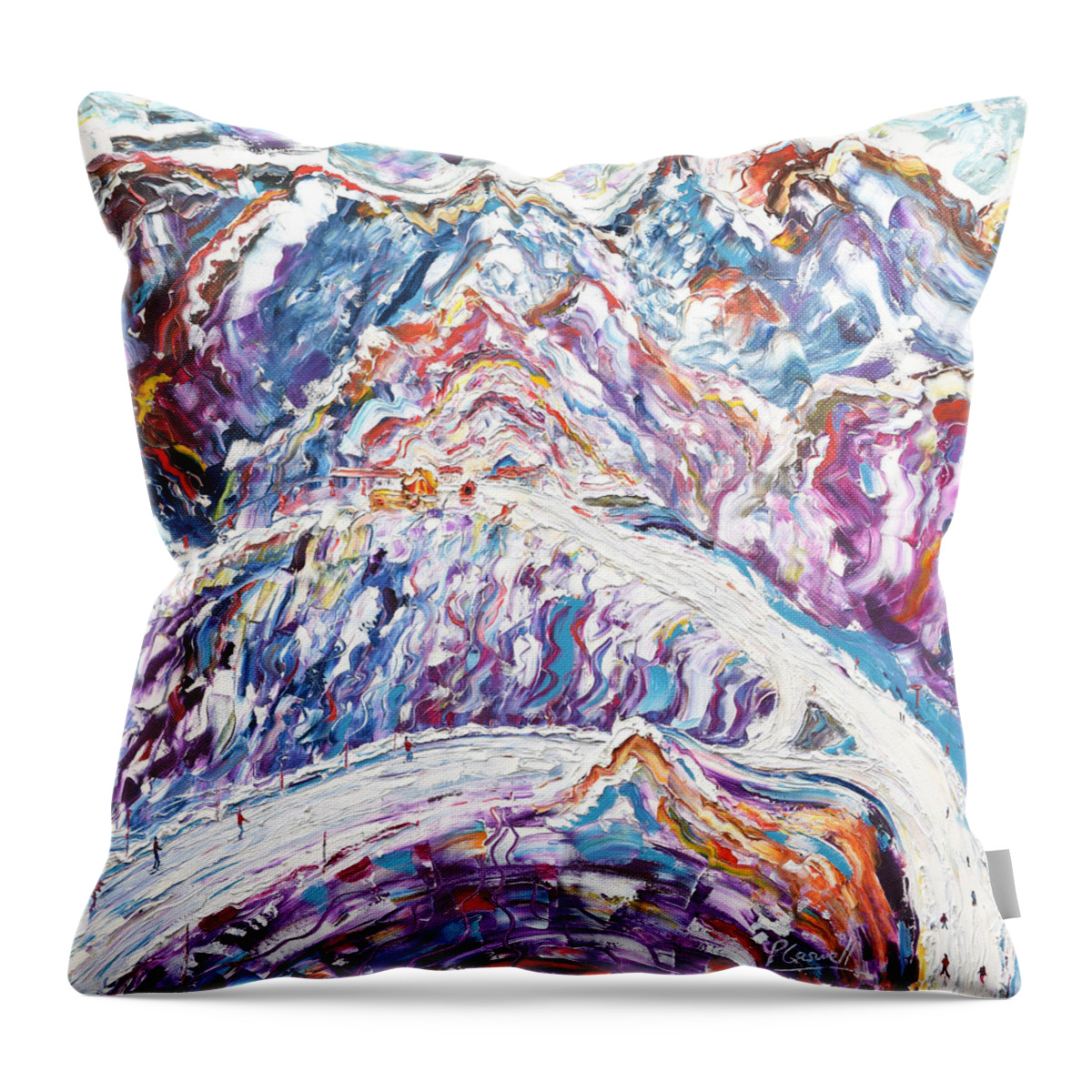 Meribel Throw Pillow featuring the painting Peaks of Meribel and Corchevel by Pete Caswell