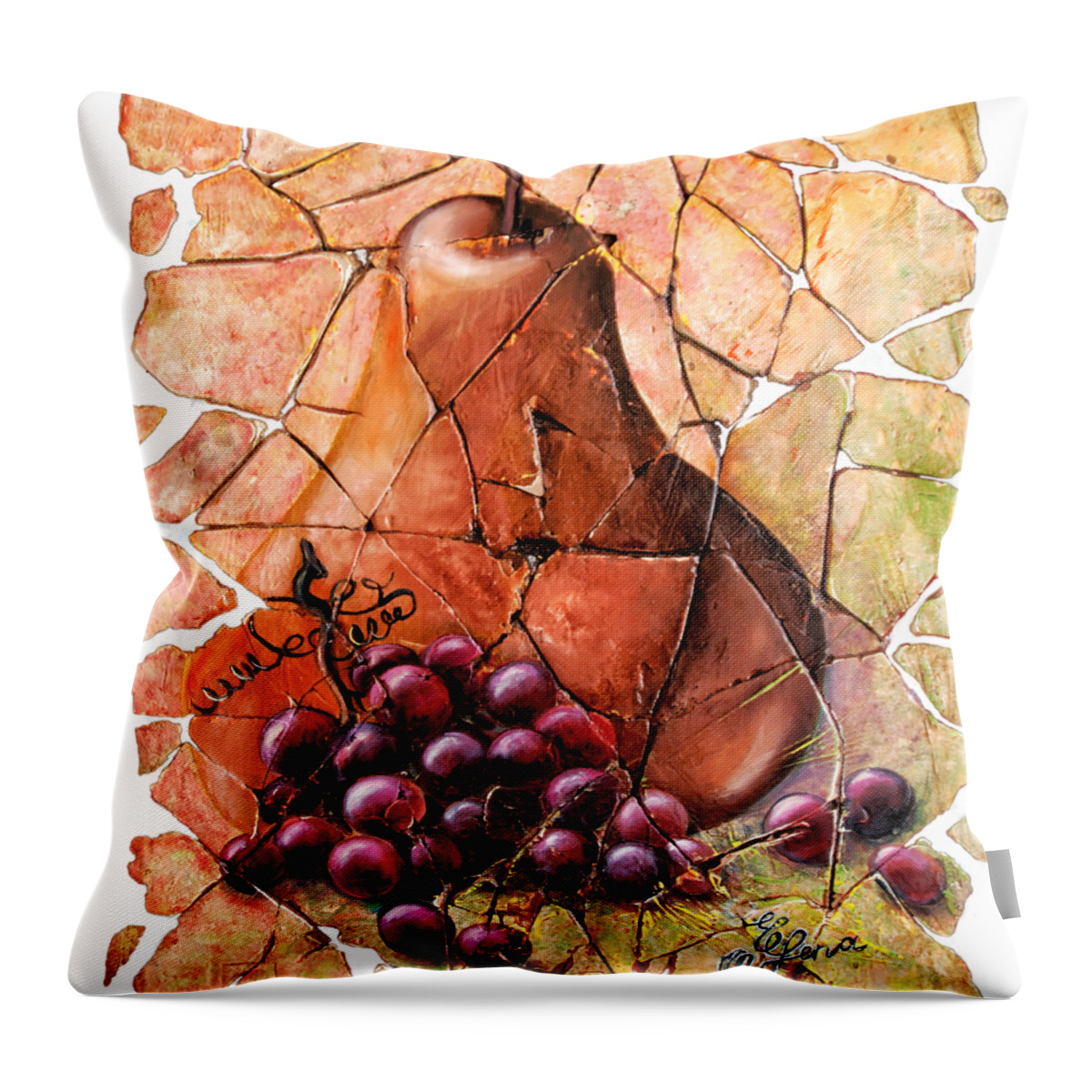 Pear & Grapes Fresco Throw Pillow featuring the painting Pear and Grapes Fresco by OLena Art