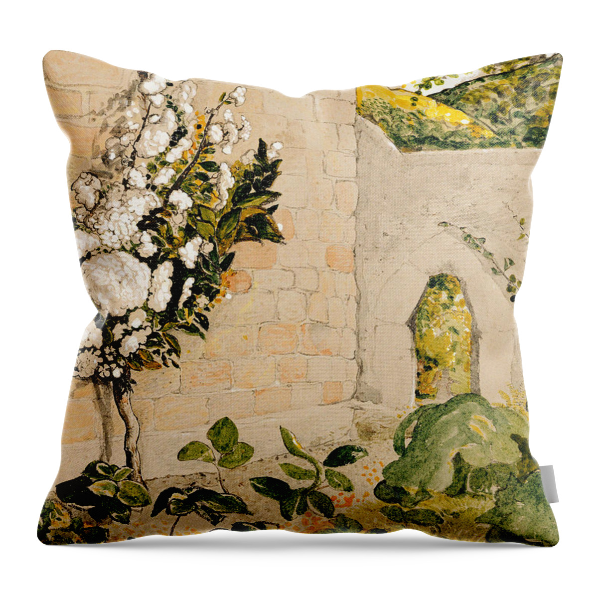 Samuel Palmer Throw Pillow featuring the painting Pear Tree in a Walled Garden by Samuel Palmer