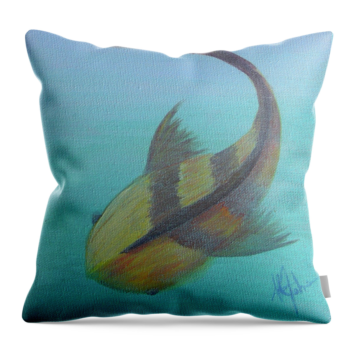Blue Throw Pillow featuring the painting Pearly Fishy by Adam Johnson