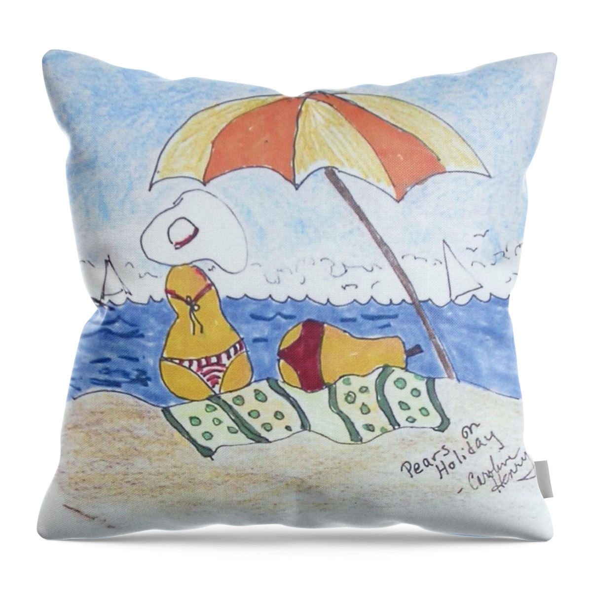 Beach Throw Pillow featuring the painting Pears on a Beach Holiday by Caroline Henry