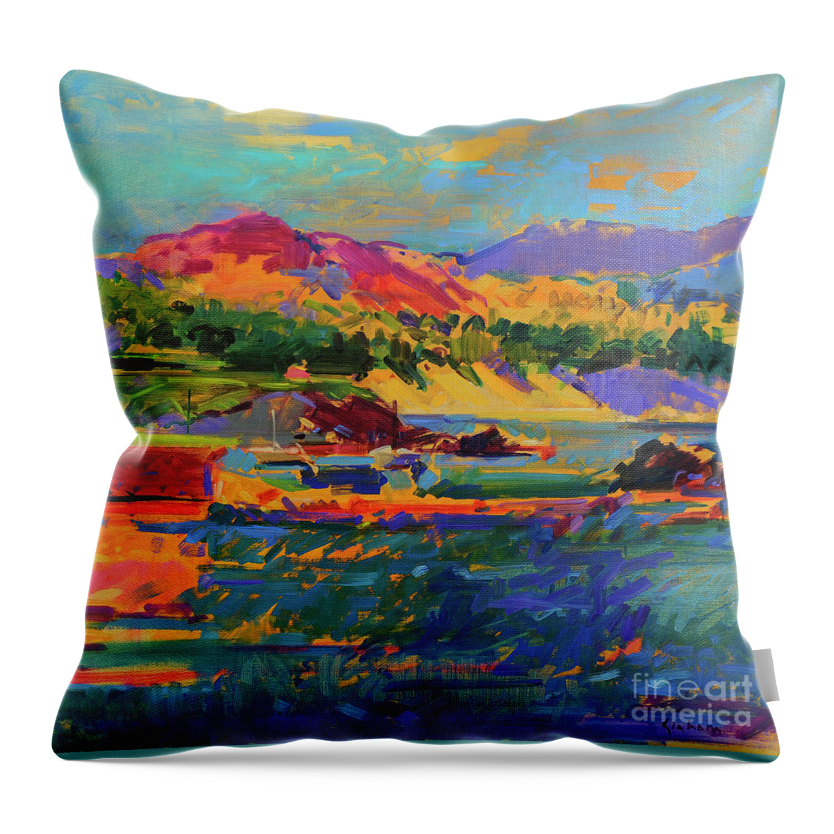 Pebble Beach Throw Pillow featuring the painting Pebble Beach towards Carmel by Peter Graham