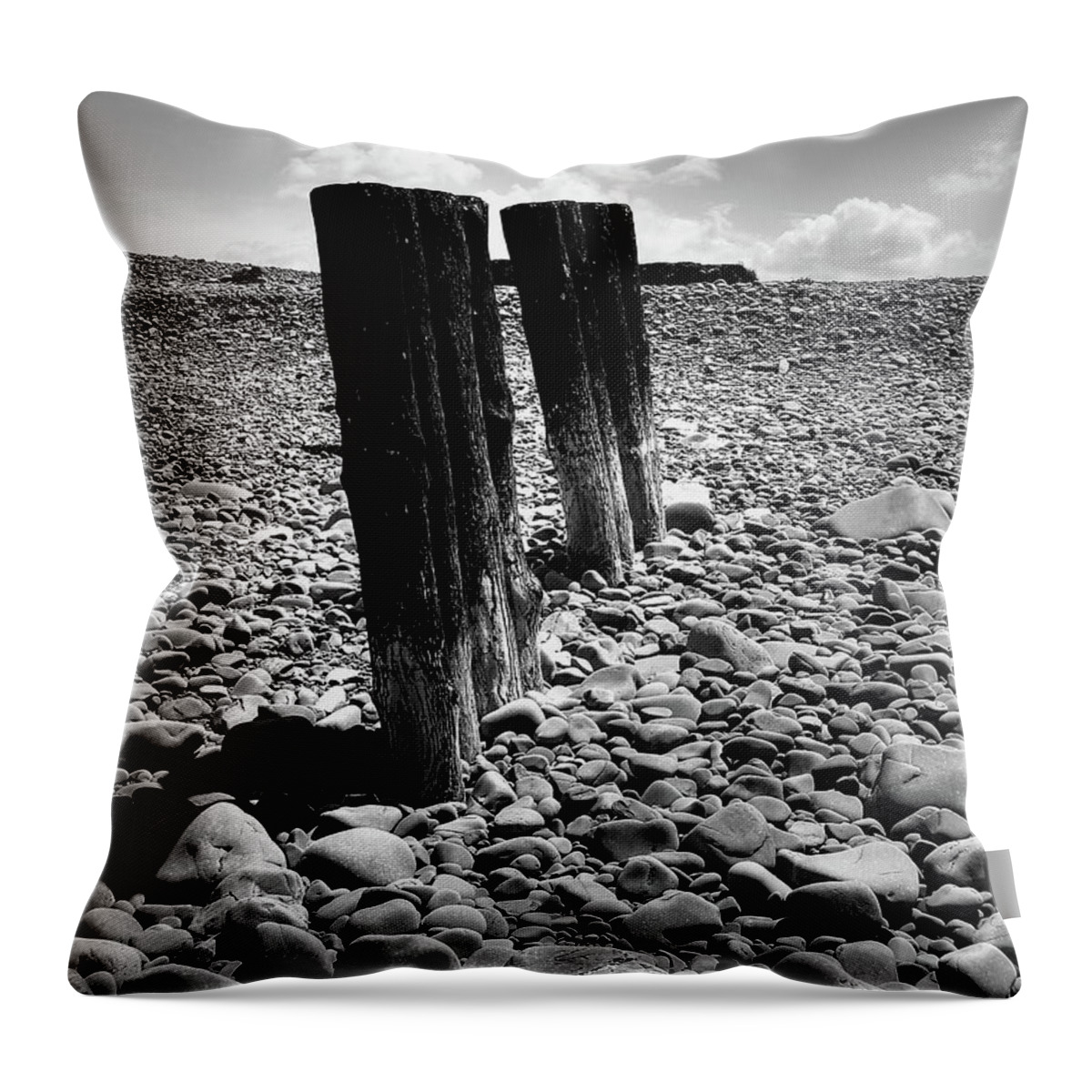 Groynes Throw Pillow featuring the photograph Pebbles and Groynes monochrome by Jeff Townsend