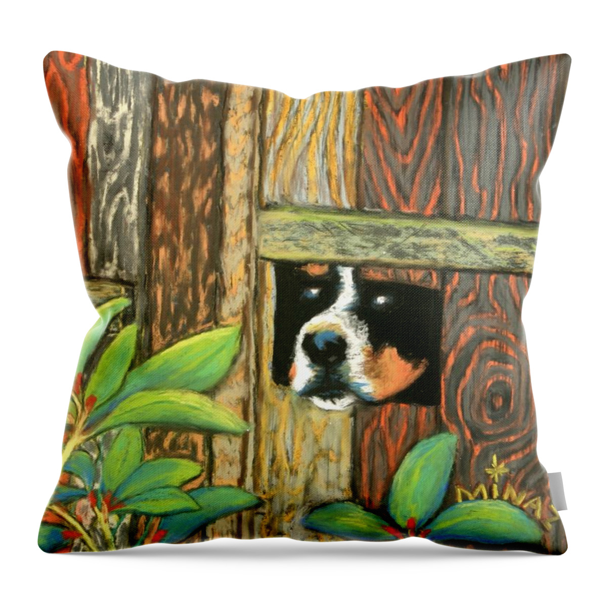 Dog Throw Pillow featuring the painting Peek-a-boo Fence by Minaz Jantz