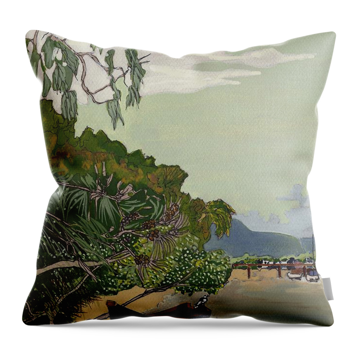 Noosa & Nearby Throw Pillow featuring the painting Peewee Punt - Noosa Riverside by Joan Cordell