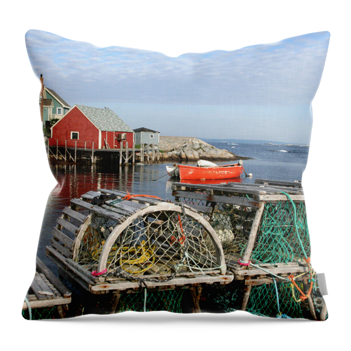 Peggy\\ Throw Pillow featuring the photograph Peggys Cove and Lobster Traps by Thomas Marchessault