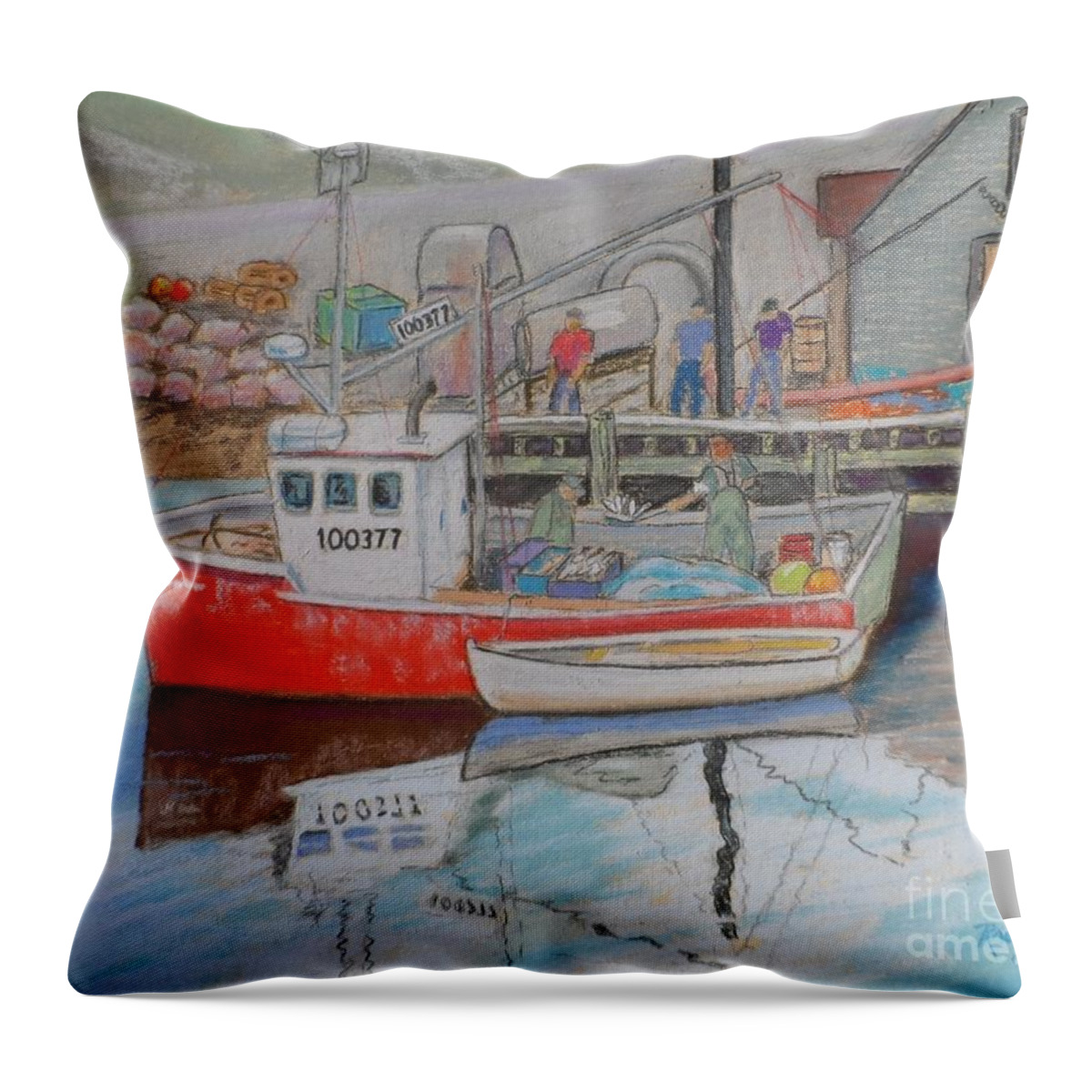 Pastels Throw Pillow featuring the pastel Peggy's Cove Fishermen by Rae Smith