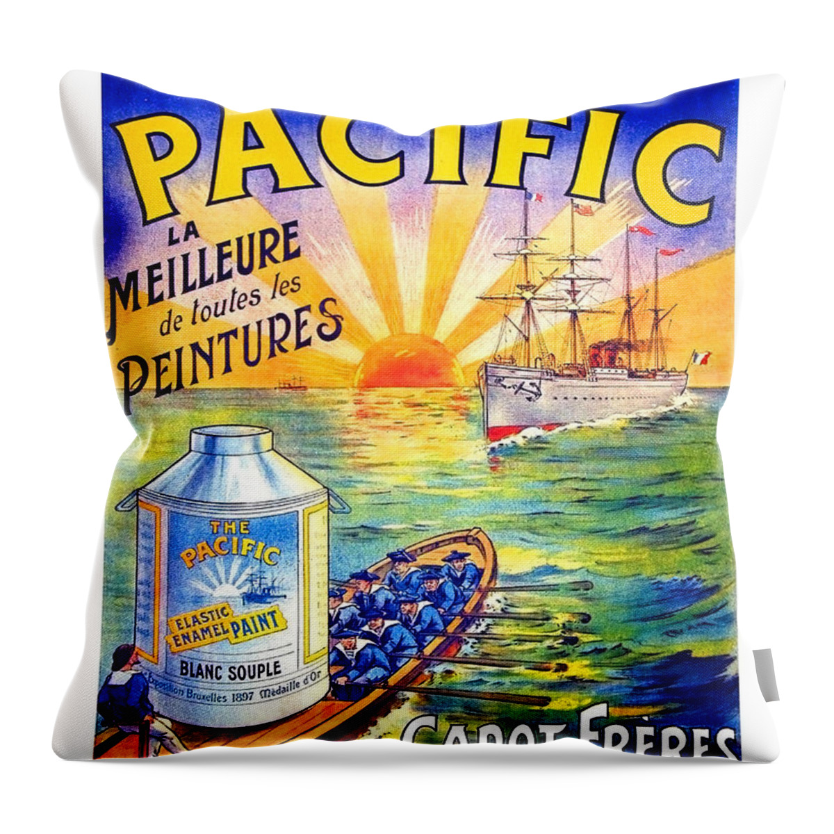 Peinture Throw Pillow featuring the painting Peinture Email Le Pacific vintage advertising poster by Long Shot