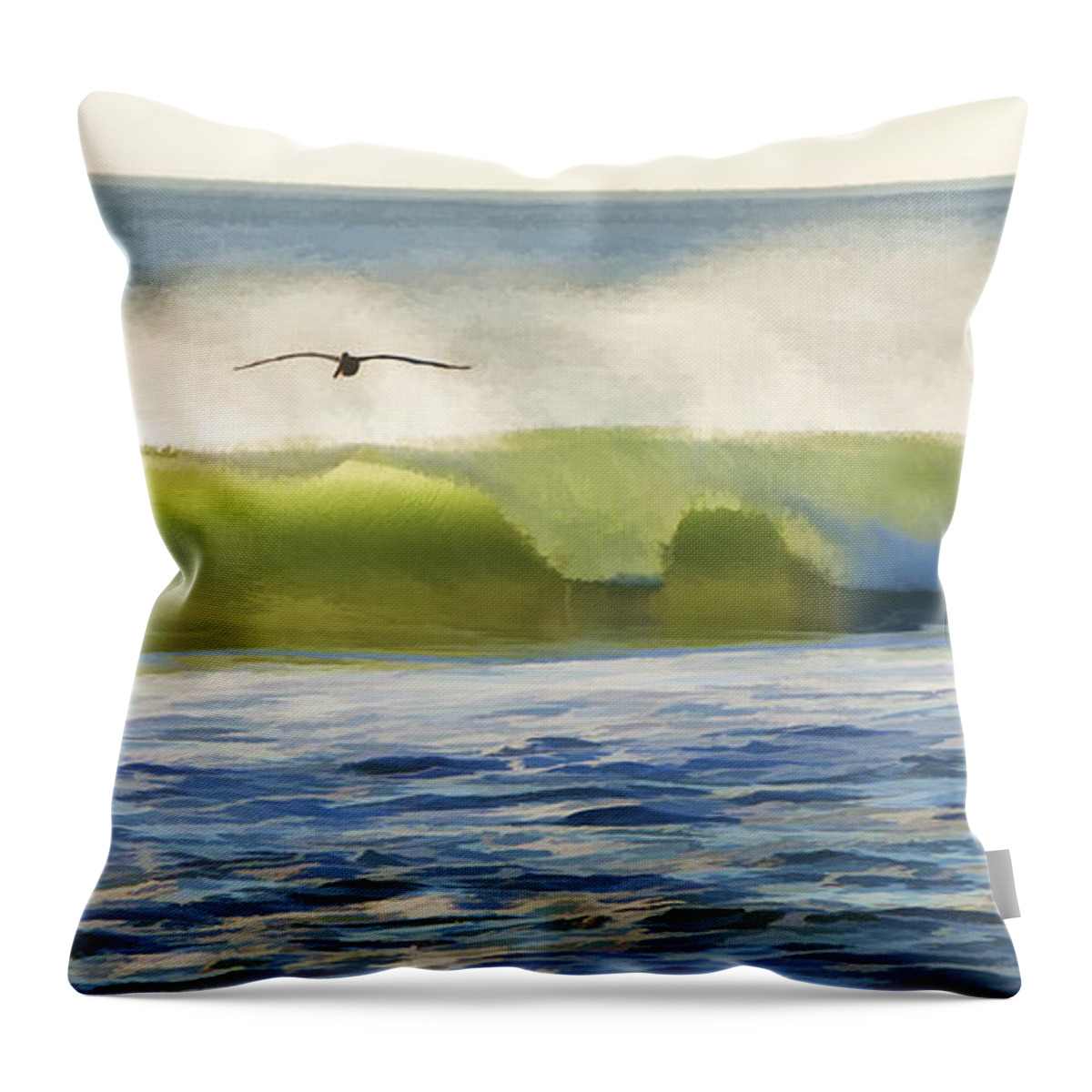 Pelican Throw Pillow featuring the photograph Pelican Flying Over Wind Wave by John A Rodriguez
