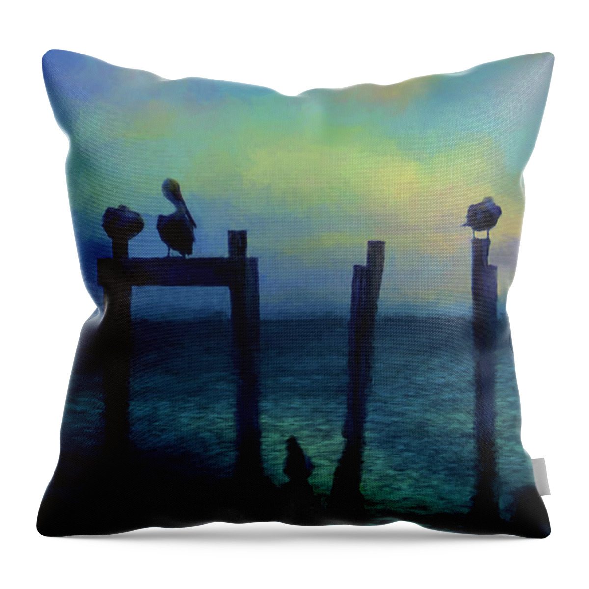 Pelicans Throw Pillow featuring the photograph Pelicans At Sunset by Jan Amiss Photography