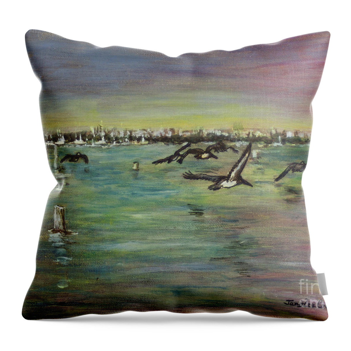 Ocean Throw Pillow featuring the painting Pelicans Fly by Janis Lee Colon