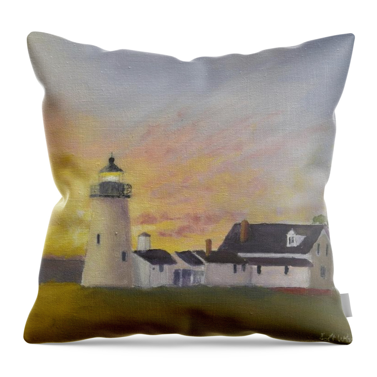Sunrise Lighthouse Ocean Landscape Maine Pemaquid Point Bristol Throw Pillow featuring the painting Pemaquid's First Light by Scott W White