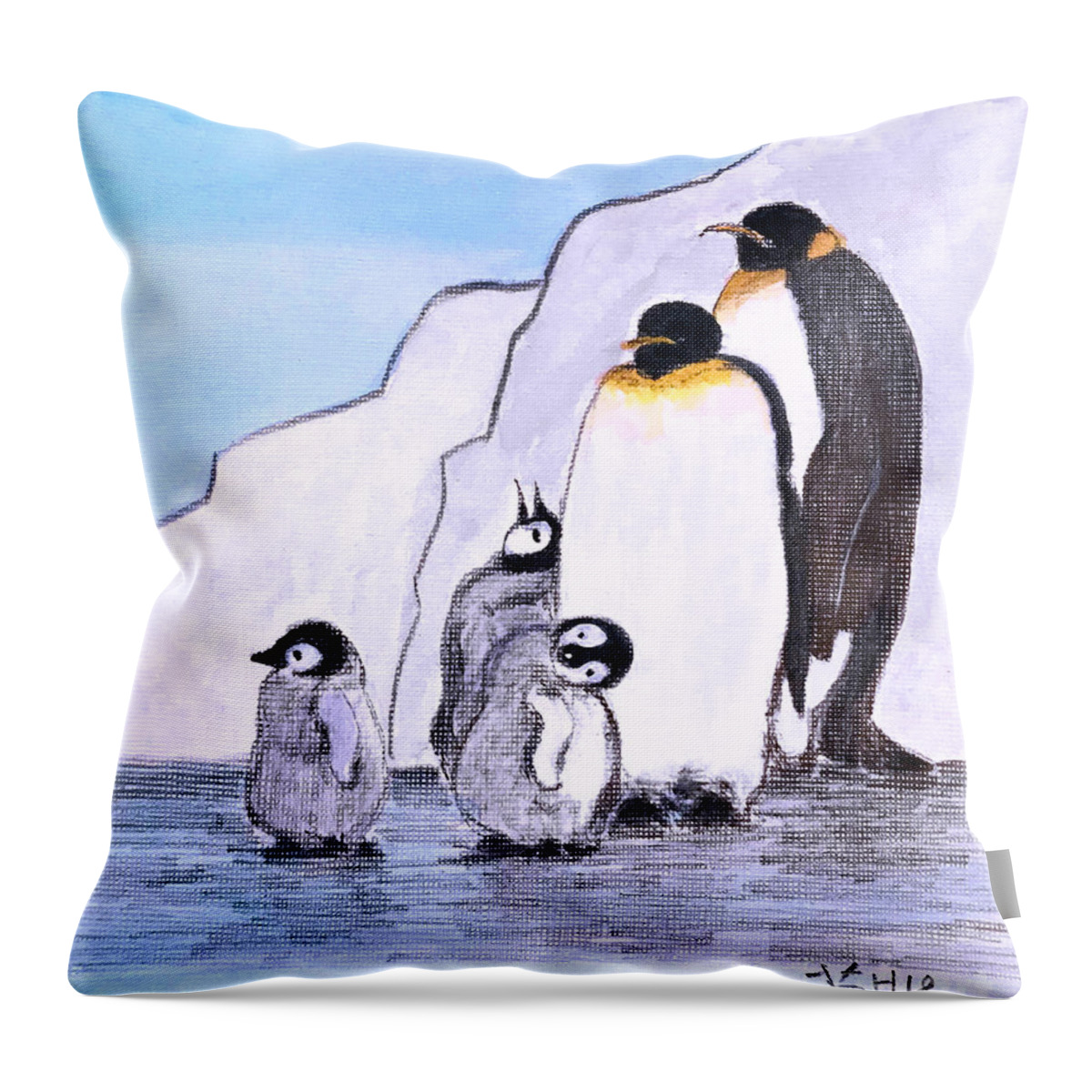 Penguins Throw Pillow featuring the painting Penguin family by Wonju Hulse