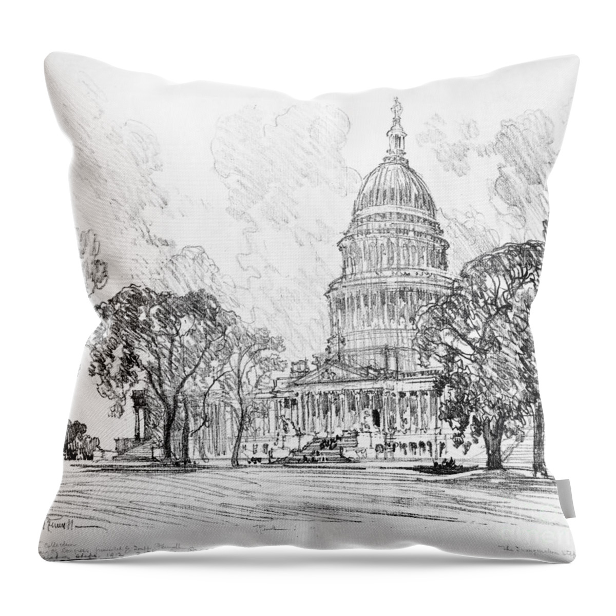 1912 Throw Pillow featuring the drawing Pennell Capitol, 1912 by Granger