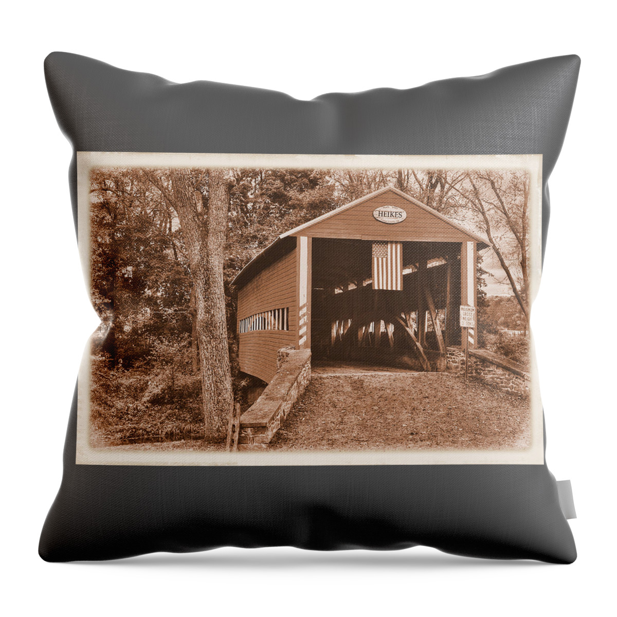 Heikes Covered Bridge Throw Pillow featuring the photograph Pennsylvania Country Roads - Heikes Covered Bridge Over Bermudian Creek Sepia - Adams County by Michael Mazaika