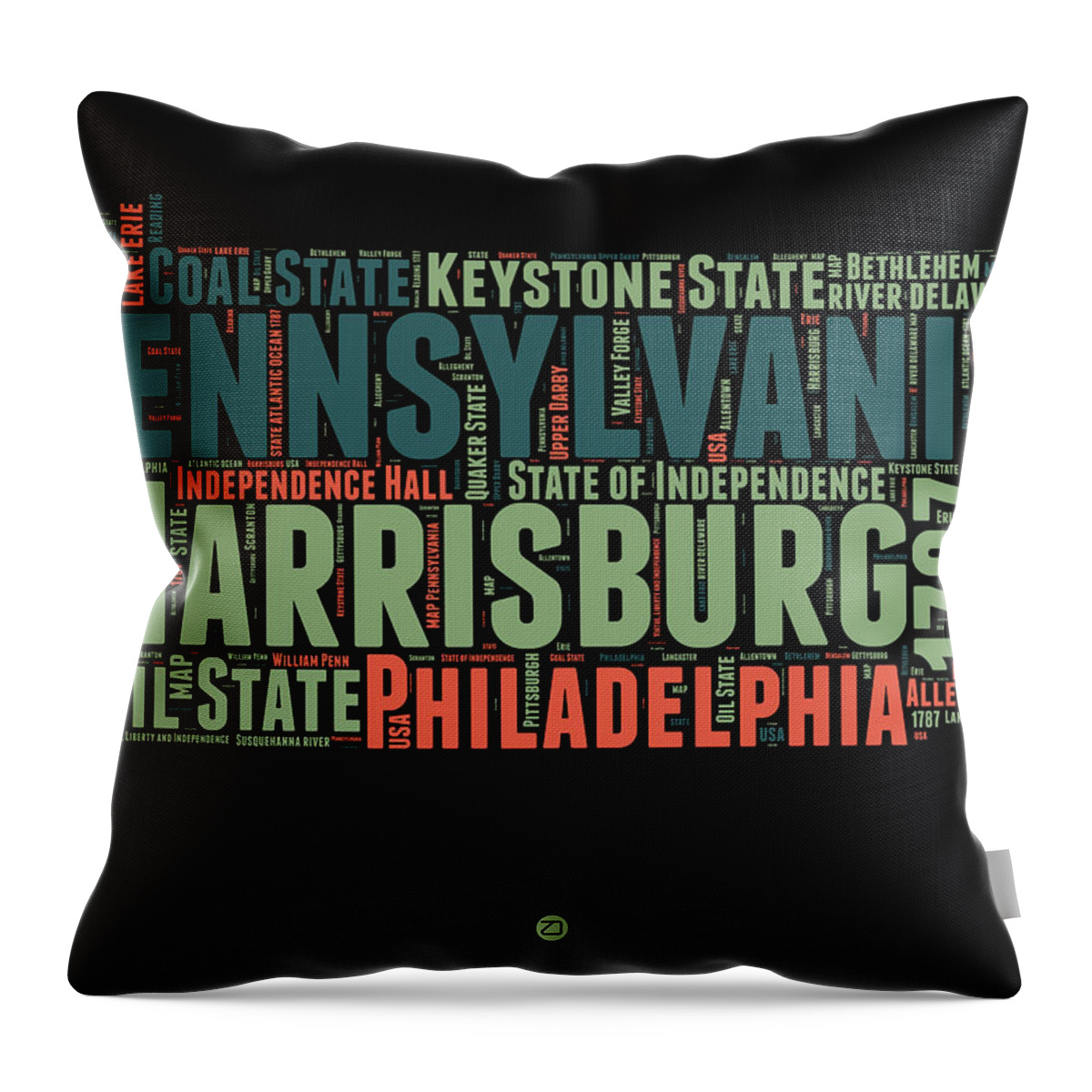 Pennsylvania Throw Pillow featuring the digital art Pennsylvania Word Cloud Map 1 by Naxart Studio