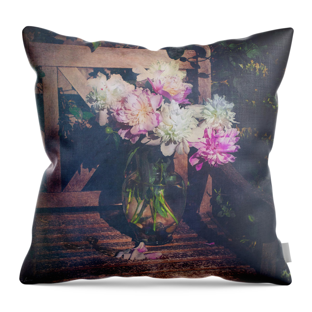 Art Photography Throw Pillow featuring the photograph Peonies and Honeysuckle by Anna Louise