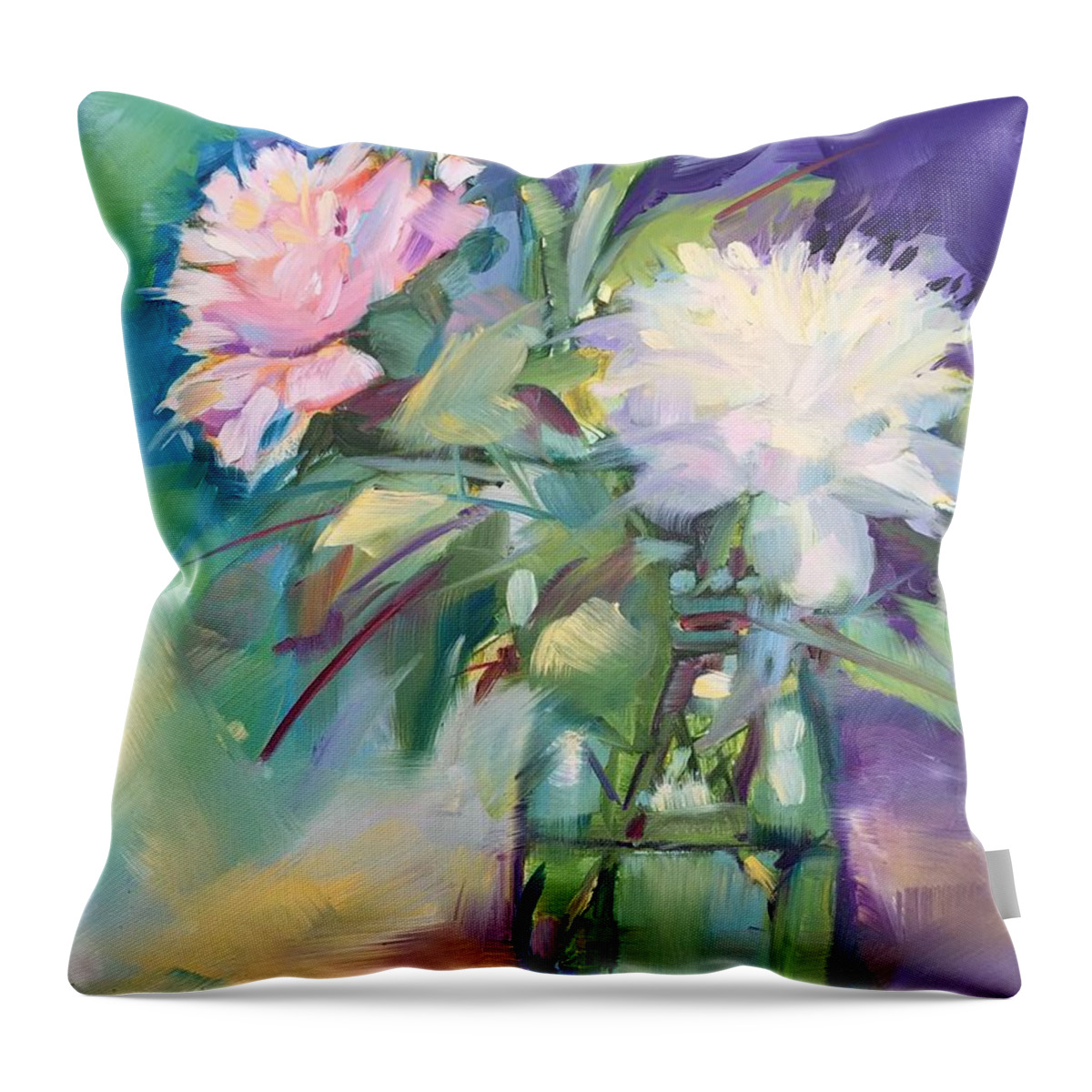 Peonies Throw Pillow featuring the painting Peonies in jar by Rebecca Matthews