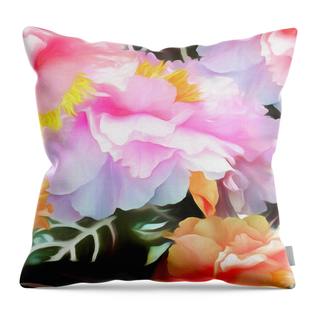Flowers Throw Pillow featuring the mixed media Peonies on Zebra Leaves Soft by Lynda Lehmann