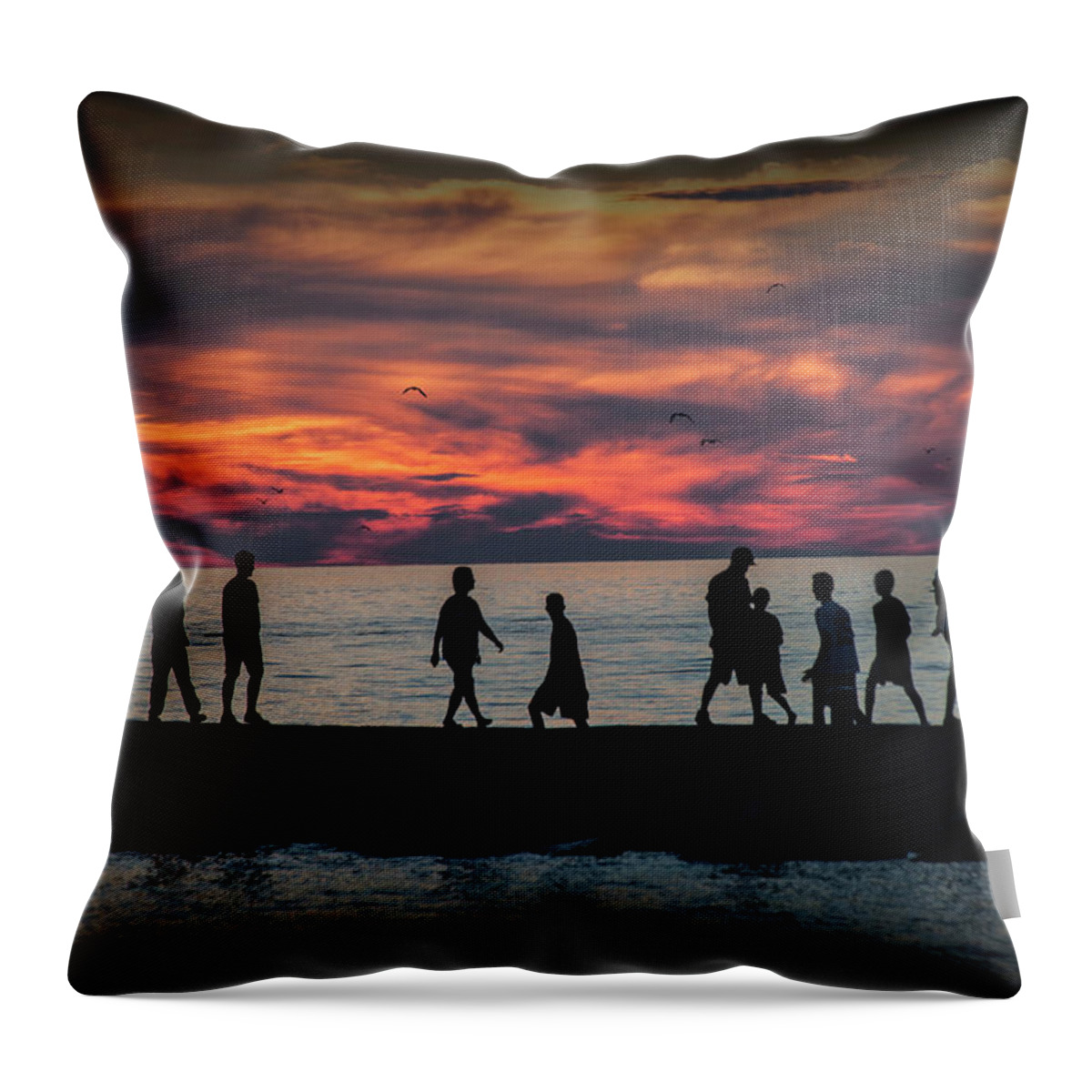 Art Throw Pillow featuring the photograph People walking on the Breakwater at Ottawa Beach at Sunset by Randall Nyhof