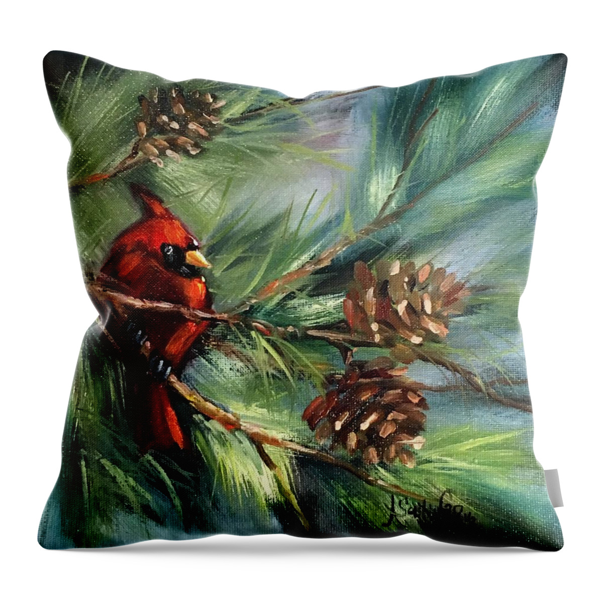 Redbird Throw Pillow featuring the painting Perched High by Angela Sullivan