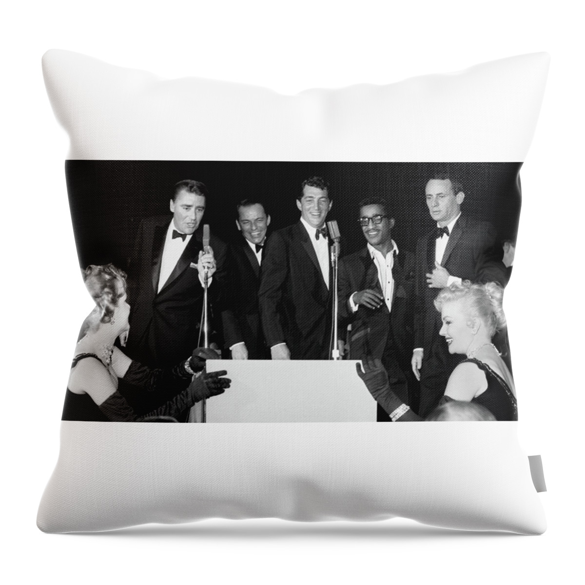 Sinatra Throw Pillow featuring the photograph Peter Lawford, Frank Sinatra, Dean Martin, Sammy Davis Jr. and J by Doc Braham