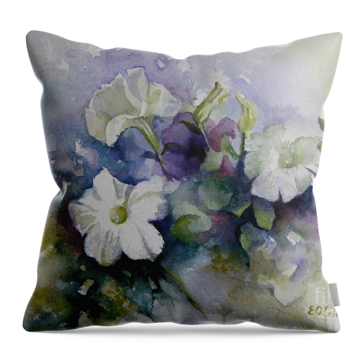 Petunias Throw Pillow featuring the painting Petunias in summer by Elena Oleniuc