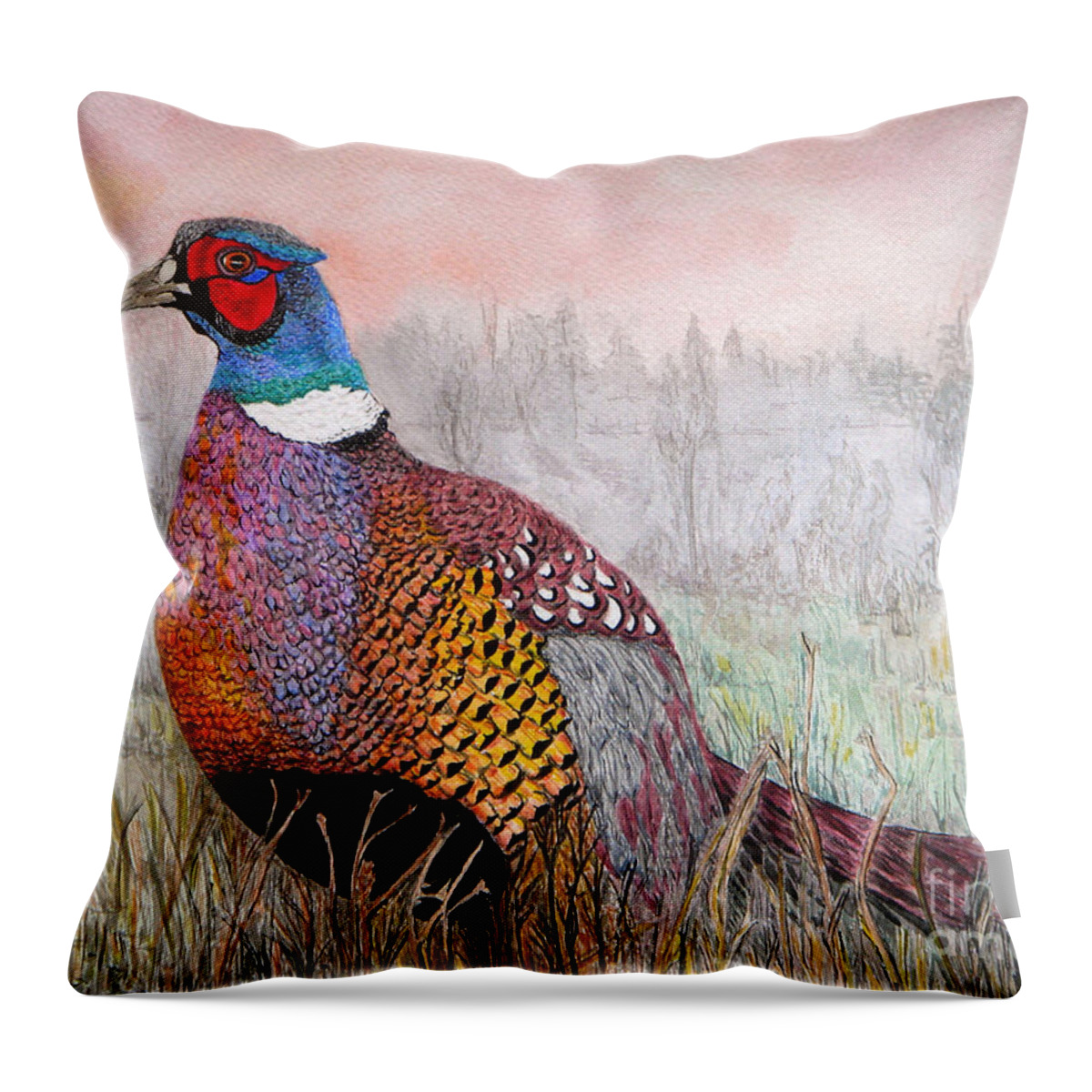 Bird Throw Pillow featuring the painting Pheasant Dawn by Yvonne Johnstone