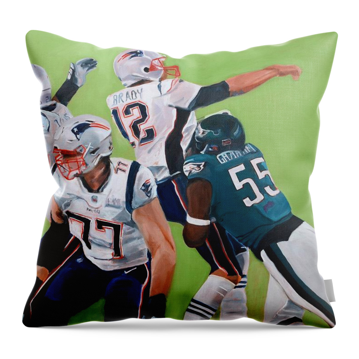 Football Throw Pillow featuring the painting Philadelphia Eagles Strip-Sack of Tom Brady in Super Bowl LII by Donna Tuten