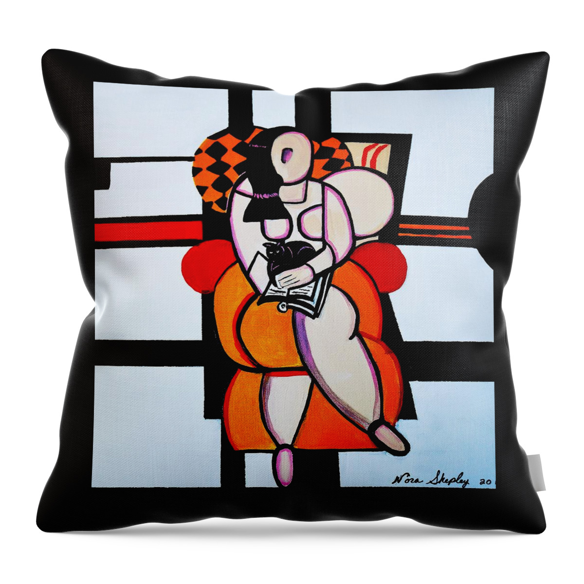 Abstract Throw Pillow featuring the painting Picasso By Nora Cat Sitting by Nora Shepley