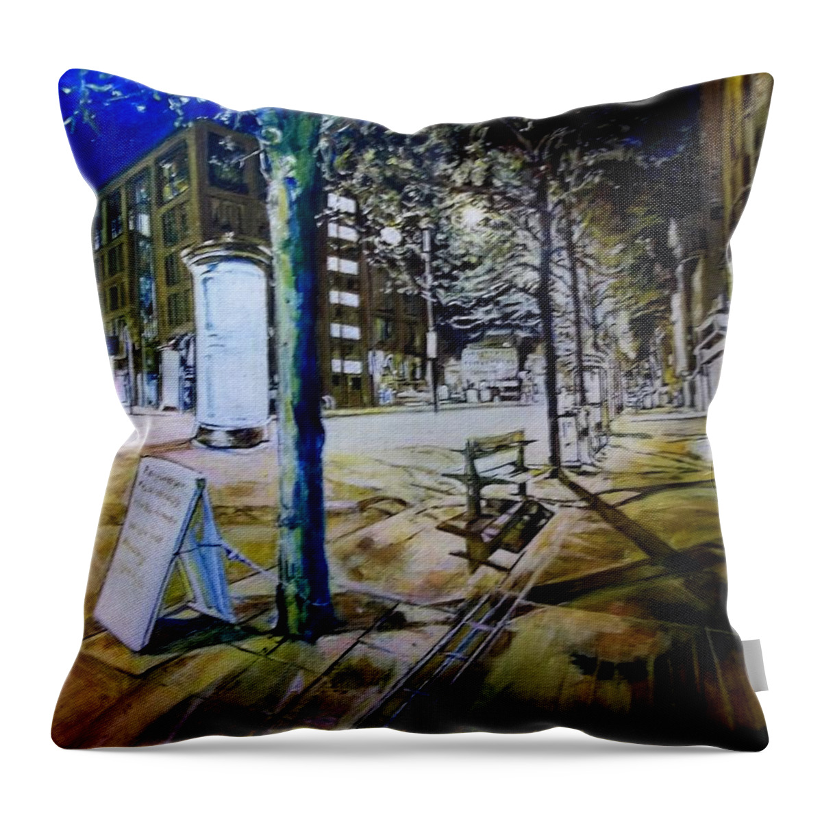 Shop Fronts Throw Pillow featuring the painting Piccadilly Gardens, Manchester by Rosanne Gartner