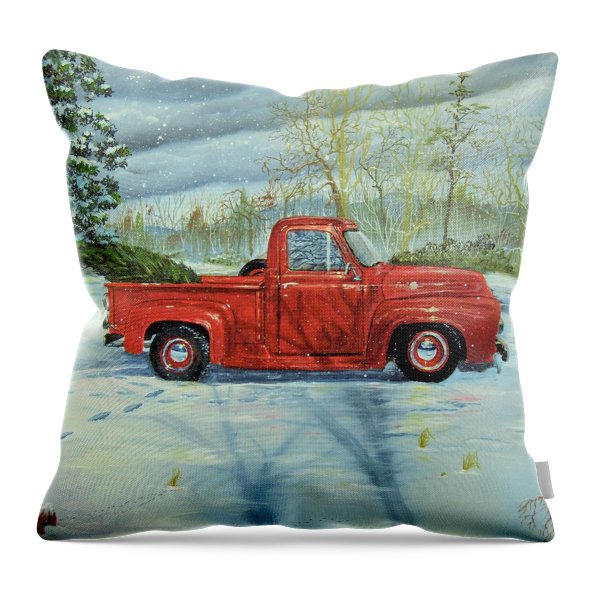Truck Throw Pillow featuring the painting Picking Up the Christmas Tree by Nicole Angell