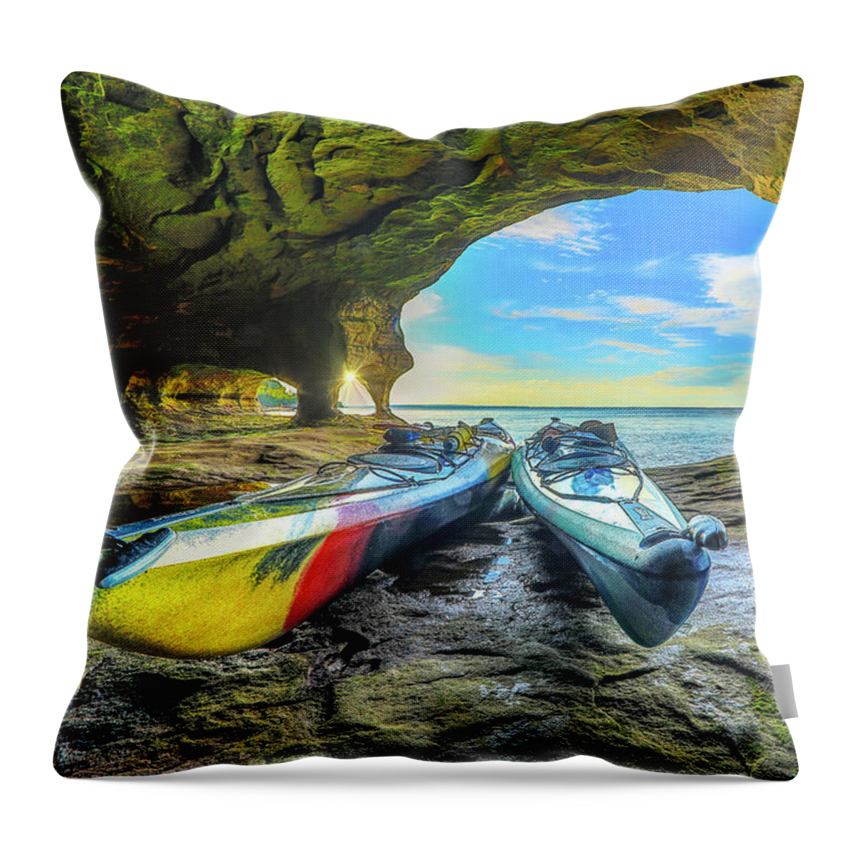 Kayaking Throw Pillow featuring the photograph Pictured Rocks Caves Kayak -1794 by Norris Seward