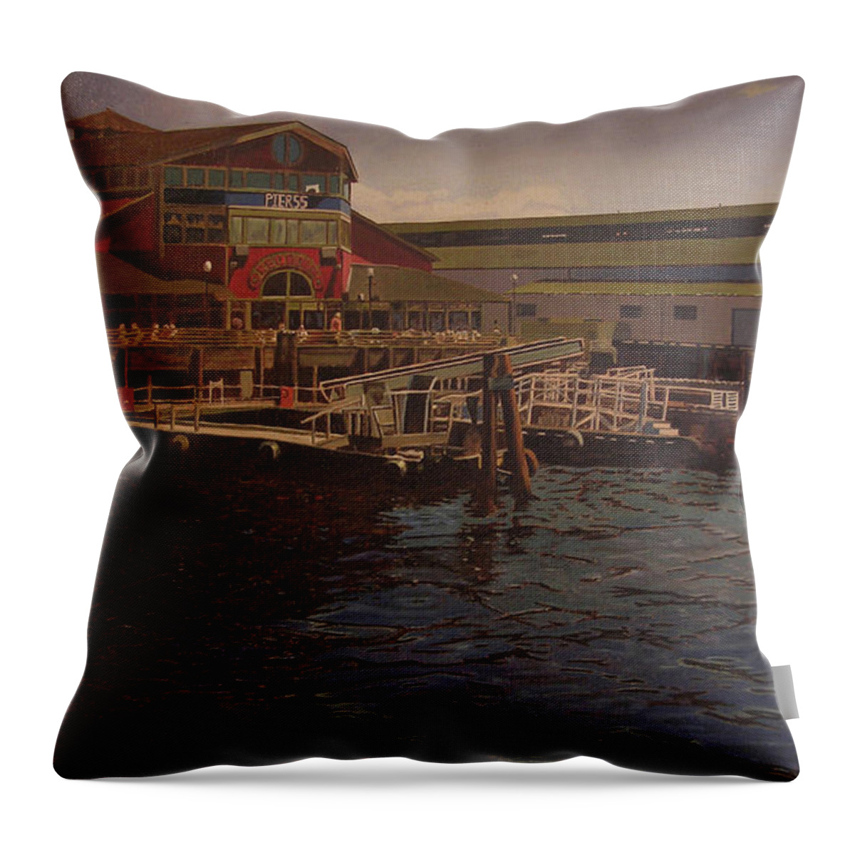 Seattle Waterfront Throw Pillow featuring the painting Pier 55 - Red Robin by Thu Nguyen