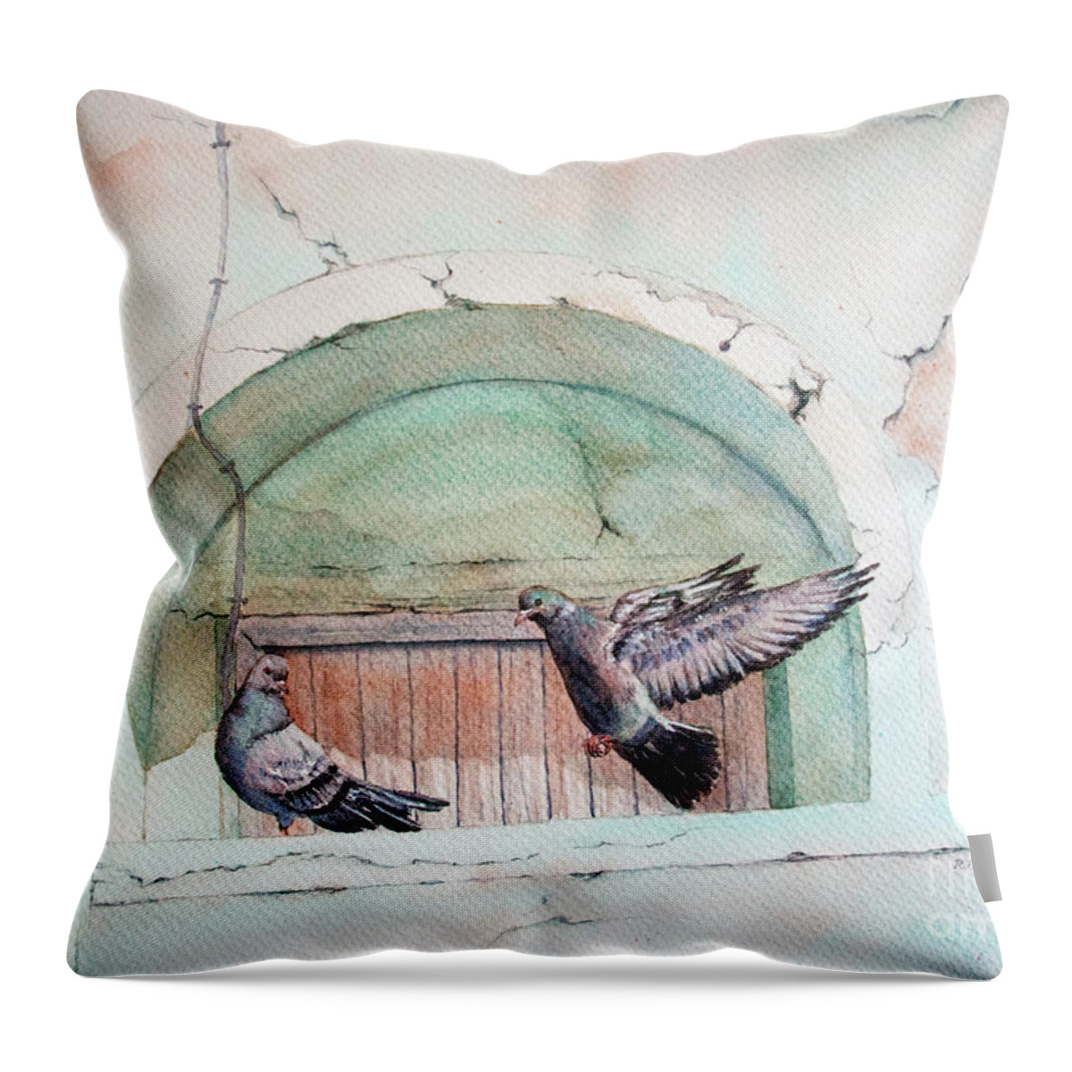 Pigeon Throw Pillow featuring the painting Pigeon Perch by Rebecca Davis