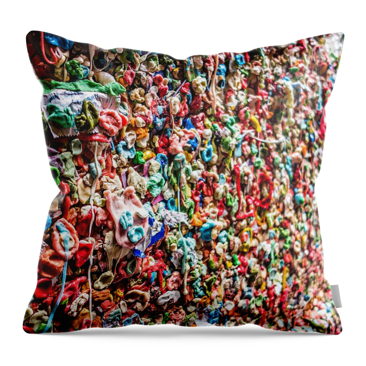 Market Throw Pillow featuring the photograph Pike Market Theater Gum Wall by Alex Grichenko