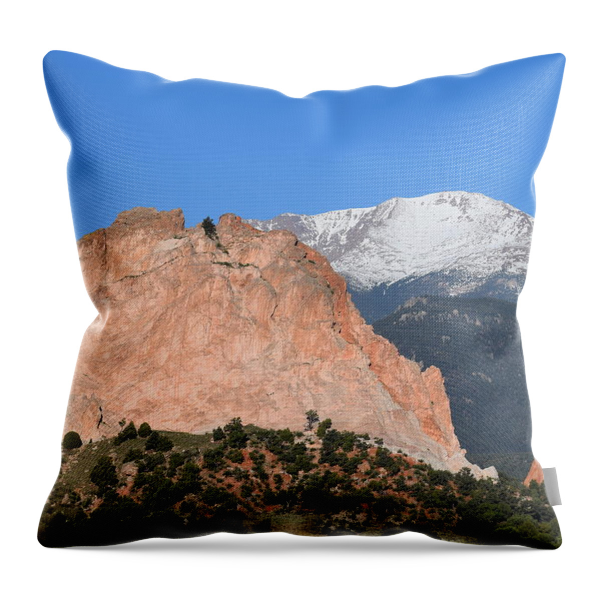 Garden Of The Gods Throw Pillow featuring the photograph Pikes Peak - Garden of the Gods COS by Margarethe Binkley
