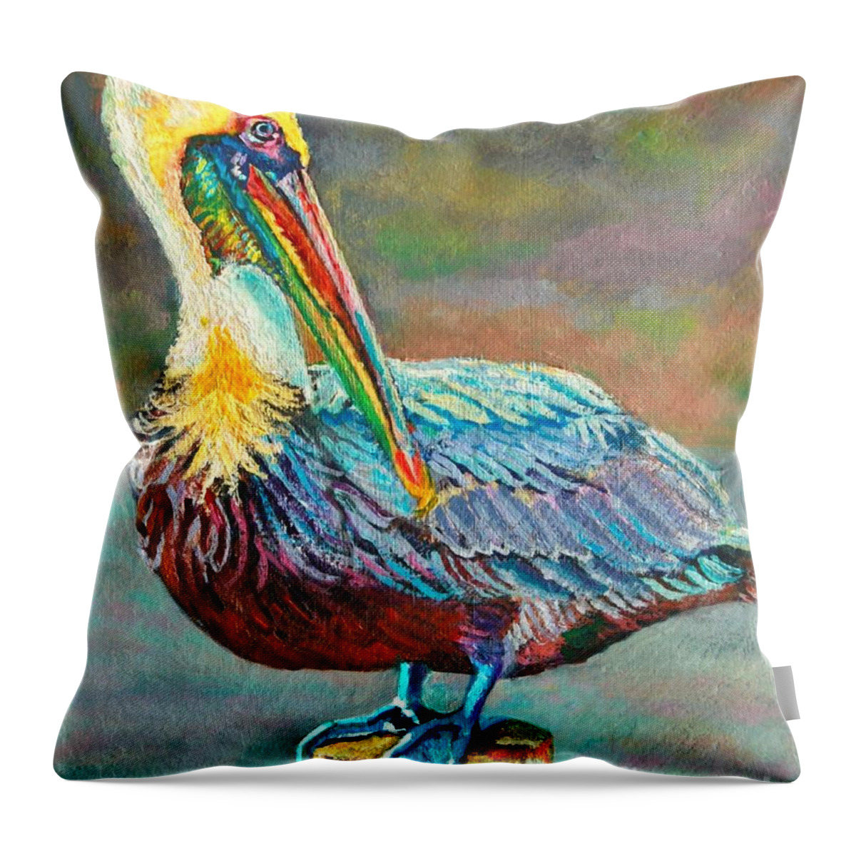 Art Throw Pillow featuring the painting Pile High Pelican by Lisa Tygier Diamond
