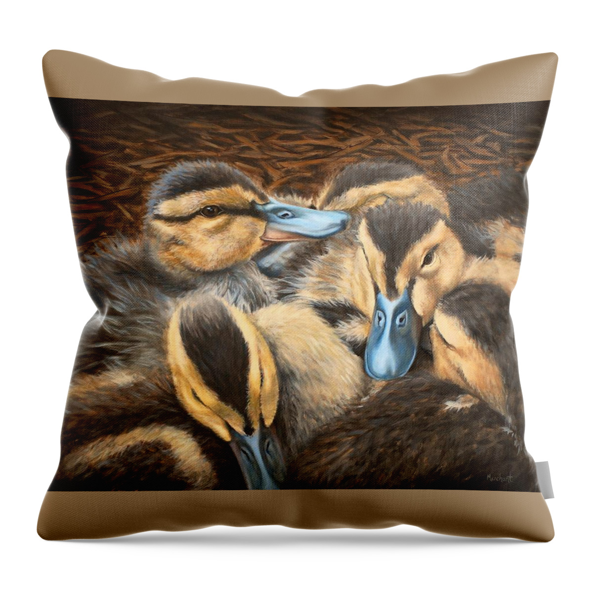 Duck Throw Pillow featuring the painting Pile O' Ducklings by Linda Merchant