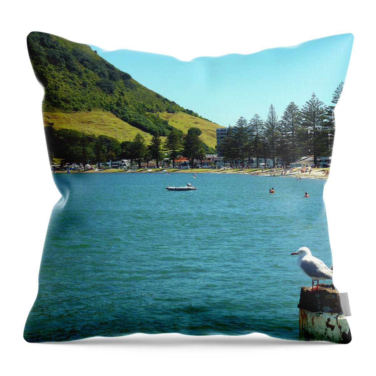 Pilot Bay Throw Pillow featuring the photograph Pilot Bay Beach 5 - Mt Maunganui Tauranga New Zealand by Selena Boron