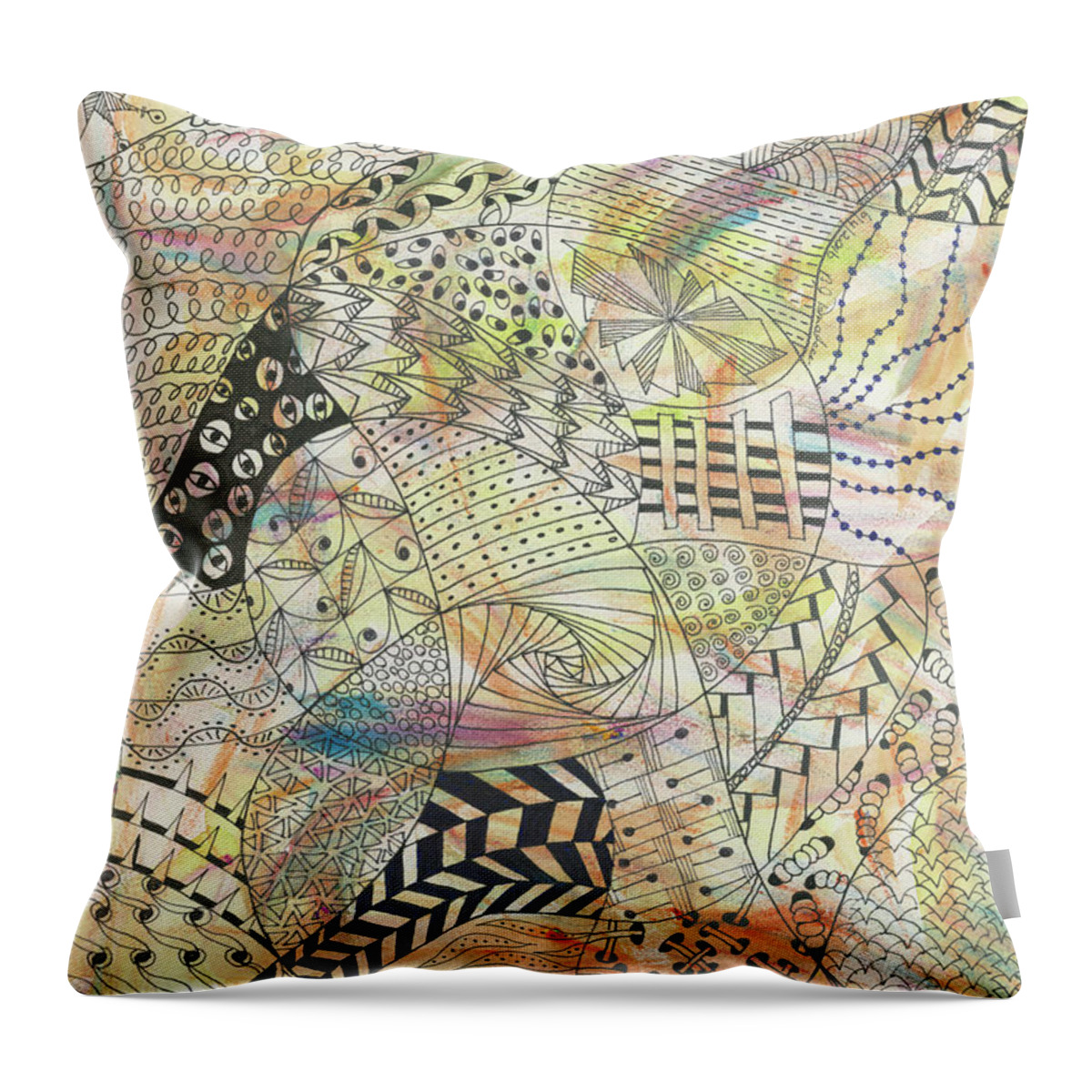 Zentangle Throw Pillow featuring the drawing Pinickity by Bev Donohoe