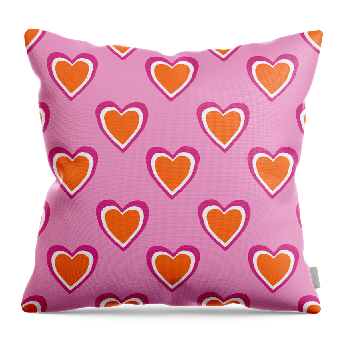 Hearts Throw Pillow featuring the mixed media Pink And Orange Hearts- Art by Linda Woods by Linda Woods