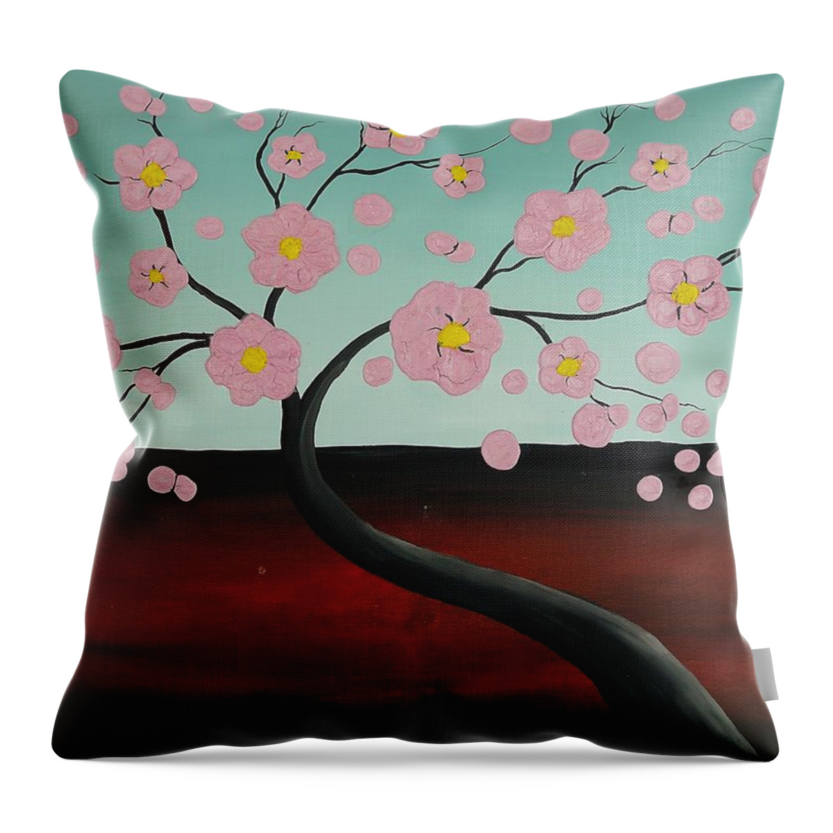 Abstract Throw Pillow featuring the painting Pink Blooming Tree by Edwin Alverio
