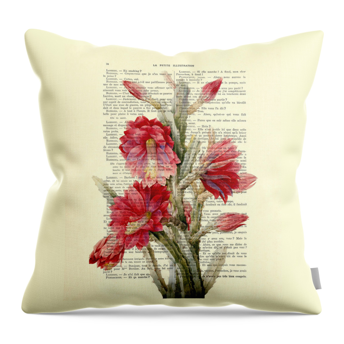 Cactus Throw Pillow featuring the digital art Cactus With Pink Red Flowers Vintage Book Page Collage by Madame Memento