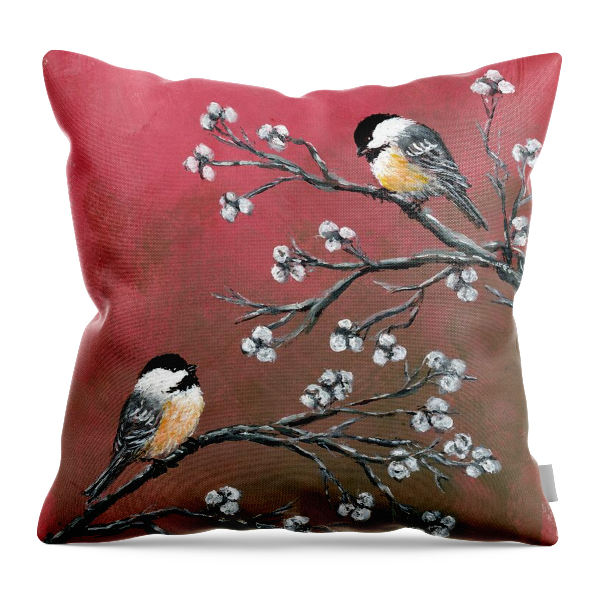 Chickadees Throw Pillow featuring the painting Pink Chickadees by Kathleen McDermott