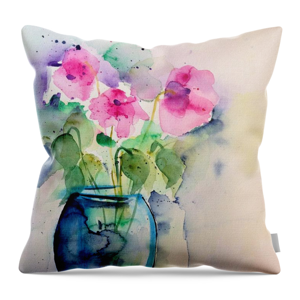 Three Throw Pillow featuring the painting Pink Flowers In The Vase by Britta Zehm