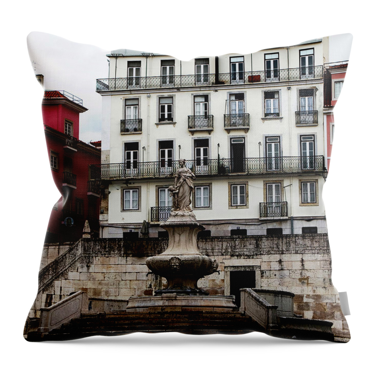 Lisbon Throw Pillow featuring the photograph Pink Framed Fountain, Lisbon by Lorraine Devon Wilke